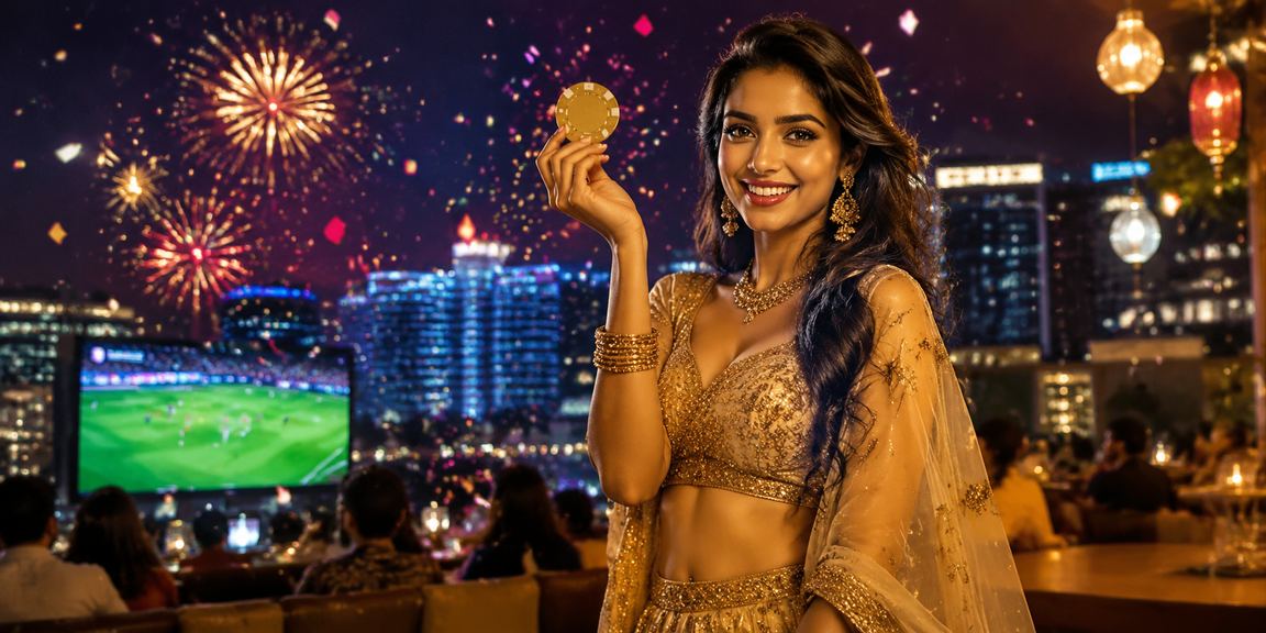 Young Indian woman in lehenga placing sports bets on phone